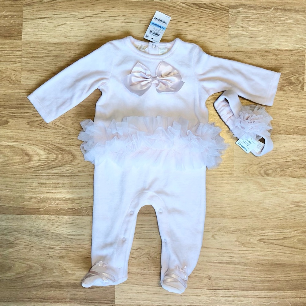 NWT First Impressions Baby Girl Two Piece Set-Velour Tutu Bodysuit with Headband